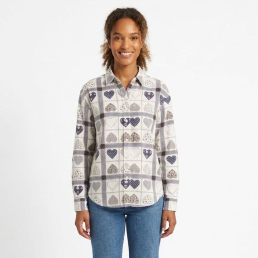 Quizz Women's Navy White Patchwork Heart Print Cottagecore VTG LS Shirt Size M